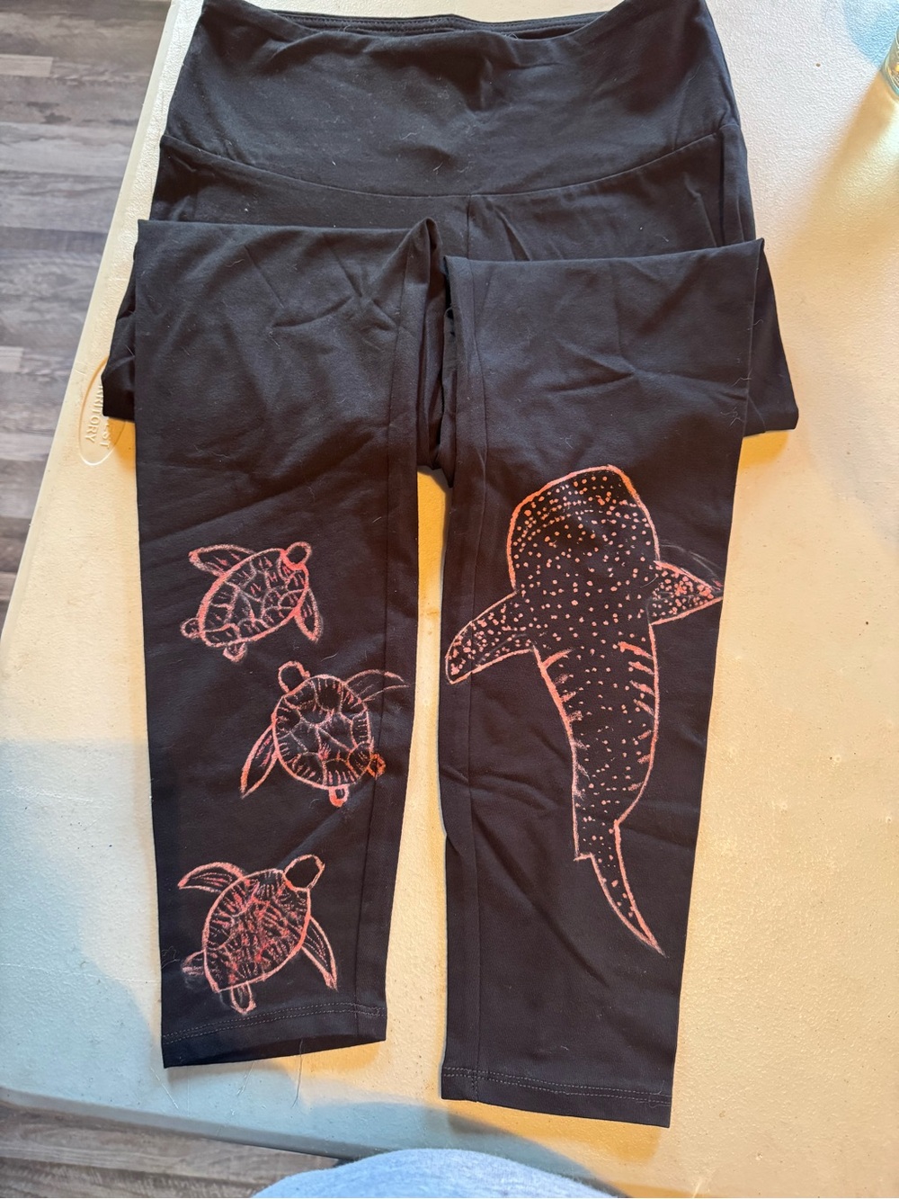 Women's Black Leggings with Coral Sea Turtle & Whale Shark Print